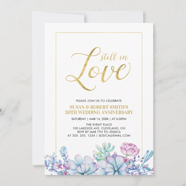 Succules Blume & Gold-Hochzeitsszenario-Party Einladung (Vorderseite)