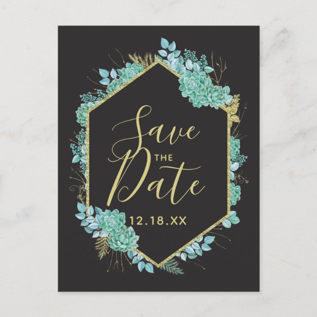 Succules Goldrahmen, beliebig farbig Save the Date Ankündigungspostkarte (Vorderseite)