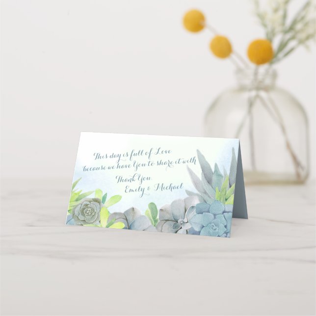 Succulous Garden Watercolor Steel Blue Platzkarte (Rückseite)