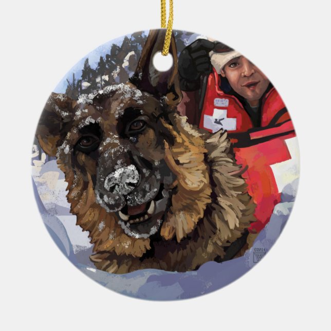 Suche und Rettung deutscher Schafe im Schnee Keramikornament (Vorne)