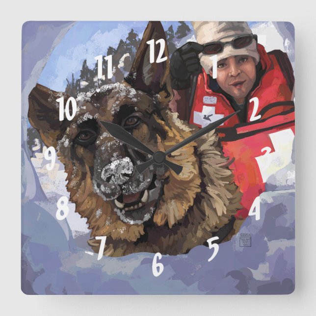 Suche und Rettung deutscher Schafe im Schnee Quadratische Wanduhr (Vorderseite)