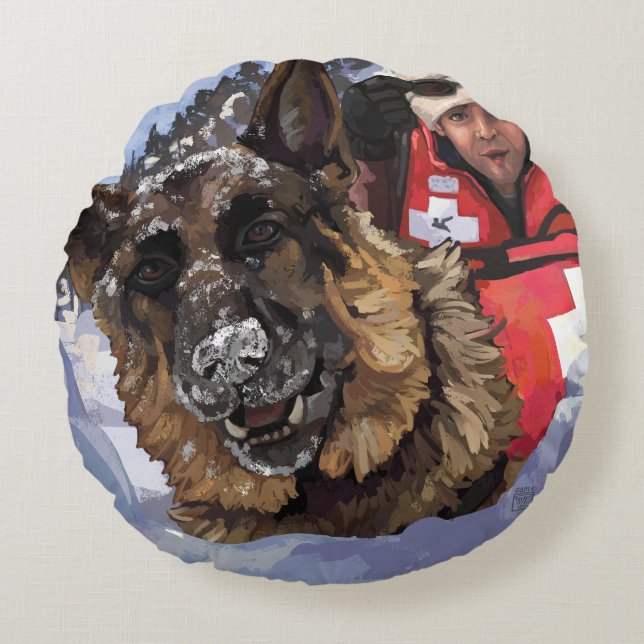 Suche und Rettung deutscher Schafe im Schnee Rundes Kissen (Vorderseite)