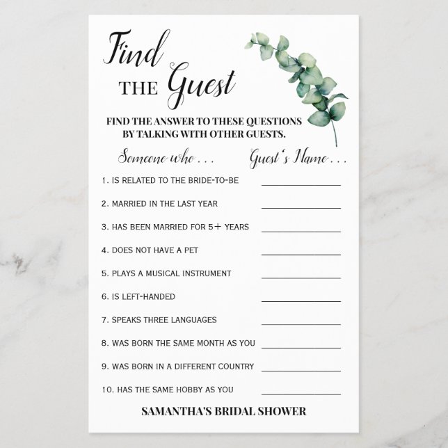 Suchen Sie die Eucalyptus-Brautparty-Game-Karte Flyer (Vorne)