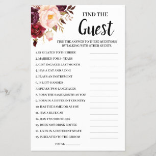 Suchen Sie die Guest Marsala Brautparty Game Card Flyer