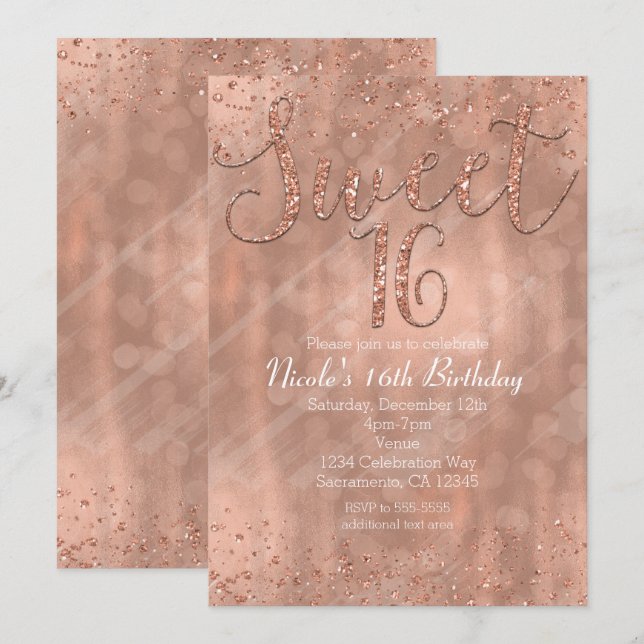 Sucré 16 Party Rose Rose Gold Glamor Invitations (Devant / Derrière)