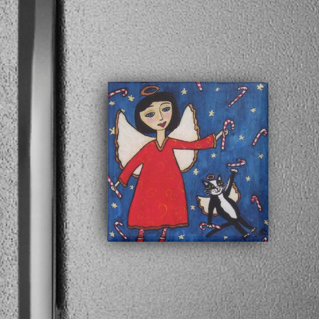Sucre de canne Noël Angel Magnet (Angel floating in blue sky stars with angel cat and candy canes on Christmas square magnet.)