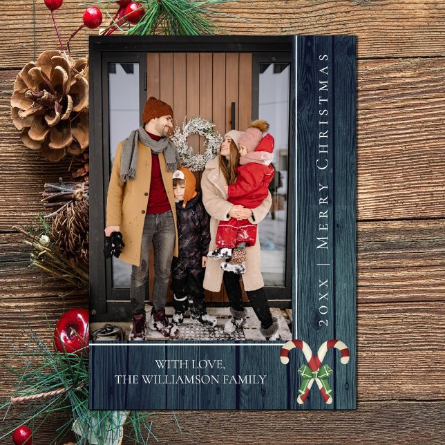 Sucres de canne rustiques Noël | CARTE PHOTO TURQU (Teal Rustic Candy Canes Christmas Photo Card)