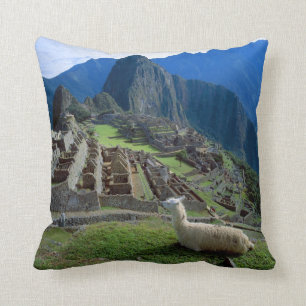 Südamerika, Peru. Eine Lama-Erholung auf einem Hüg Kissen