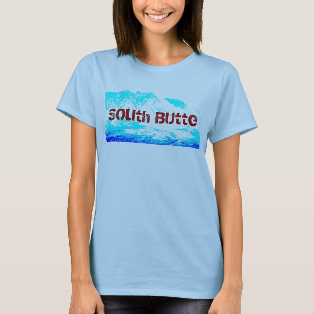 Südbutte-Blau auf dem Shirt der blauen Frau (Vorderseite)