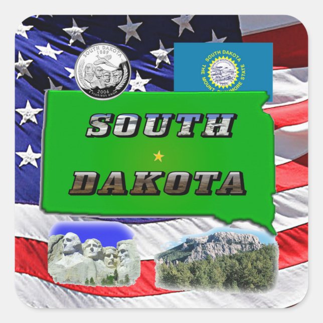 Süddakota-Karte, Foto-Text, Imitats Quarter & Flag Quadratischer Aufkleber (Vorderseite)