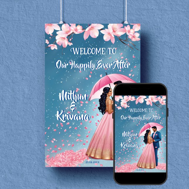 Südindische Hochzeitsempfang Poster (South Indian wedding reception welcome sign poster editable template digital download couple cartoon)