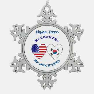 Südkorea USA Herzensland Herkunft personalisieren Schneeflocken Zinn-Ornament