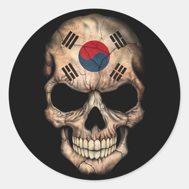 Südkoreanischer Flaggenschädel auf schwarz Runder Aufkleber (Vorderseite)