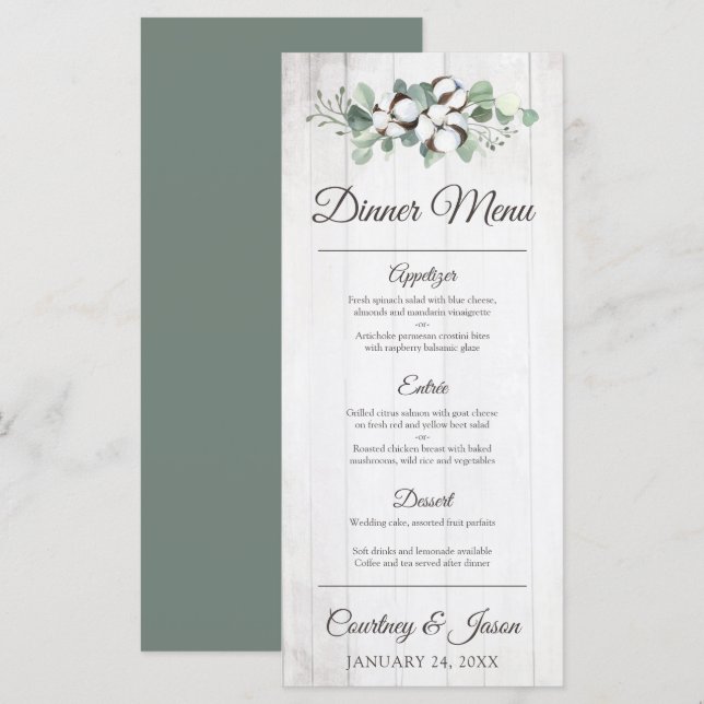 Südländlicher Baumwolle Bolzen Rustikales Hochzeit Menükarte (Vorne/Hinten)