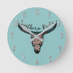 Südliche Wurzeln Country Longhorn Rosa Rose & Grün Runde Wanduhr