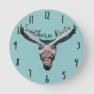 Südliche Wurzeln Country Longhorn Rosa Rose & Grün Runde Wanduhr