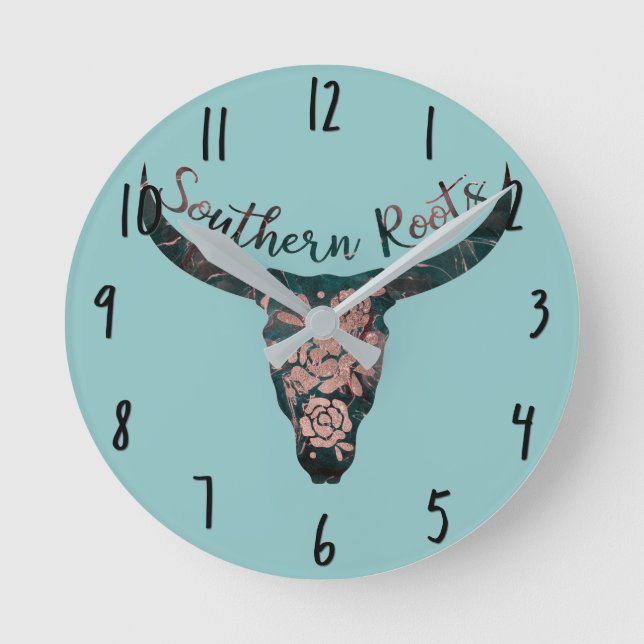 Südliche Wurzeln Land Longhorn Rosa & Grün Runde Wanduhr (Vorderseite)