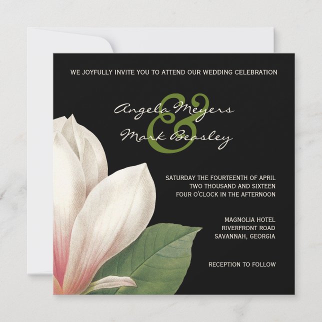 Südmagnolische Blume Hochzeit | Elegant Black Einladung (Vorderseite)