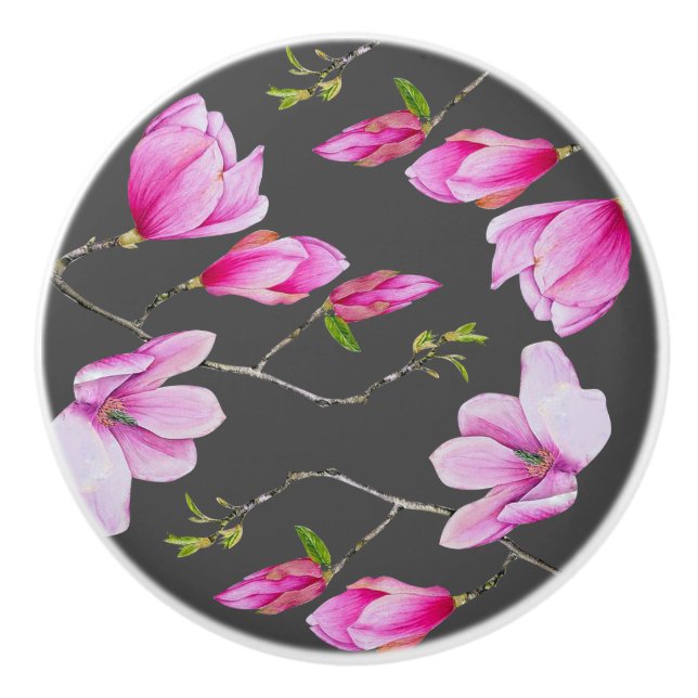 Südrosa Magnolien und Grau Keramikknauf (Vorderseite)