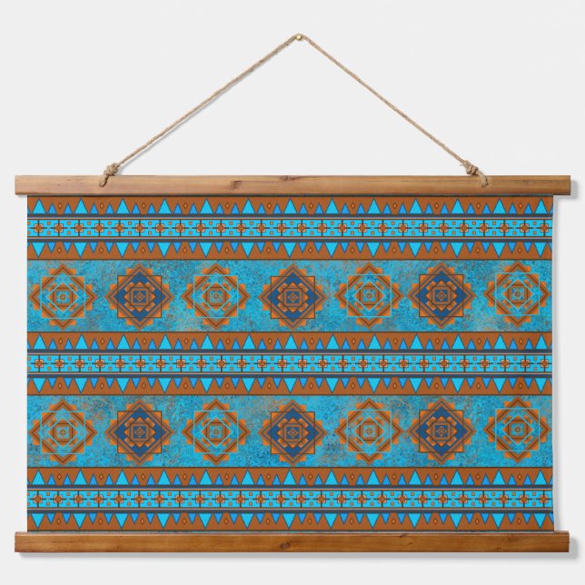 Südwest Bergspitzen Türkisfarbene geometrische Pri Wandteppich Mit Holzrahmen (Vorne)