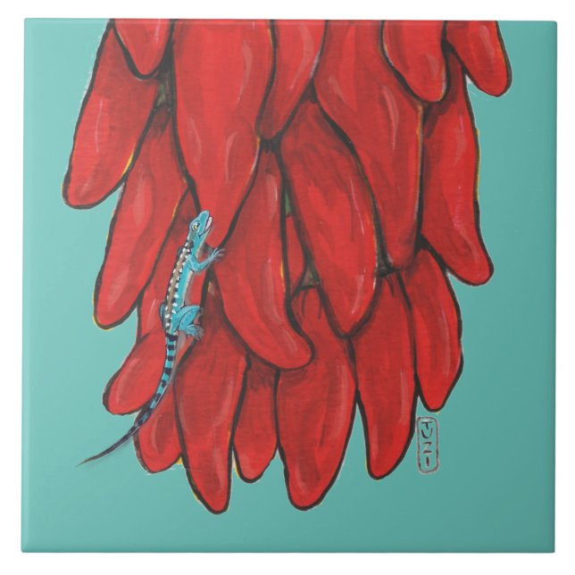 Südwest Blue Lizard Red Chile Pepper Mural Fliese (Vorderseite)