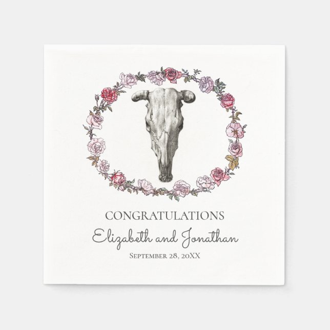 Südwest Boho Hochzeitkuhschädel & Rose Blume Serviette (Vorderseite)