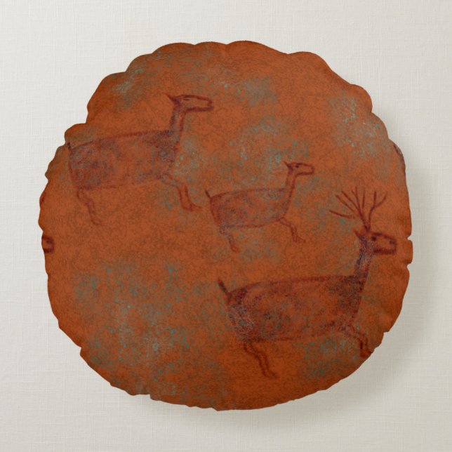 Südwest-Canyons Kupfer gefärbt Hirsch Petroglyphen Rundes Kissen (Vorderseite)