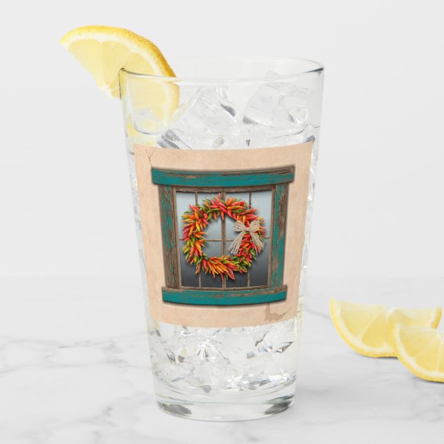 Südwest Chile Kranz auf Rustic Blue Wood Window Glas (Vorderseite Ice)