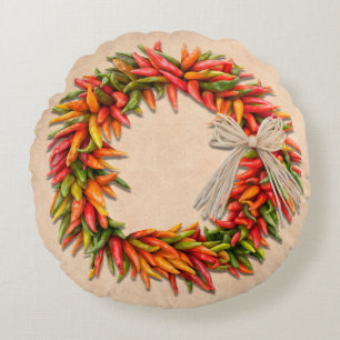 Südwest Chile Ristra Wreath auf Adobe Wall Rundes Kissen