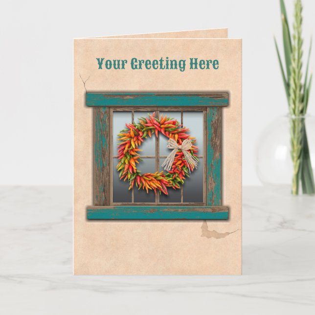 Südwest Chile Ristra Wreath Rustic Blue Window Karte (Vorderseite)