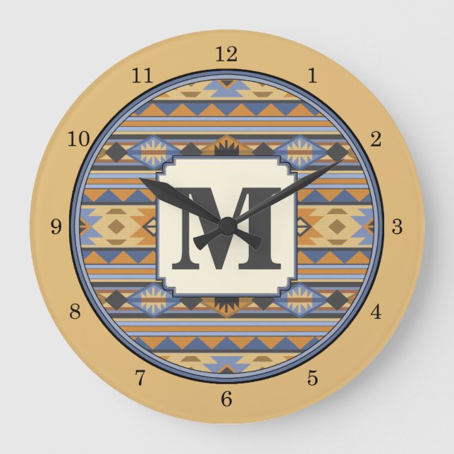 Südwest Design Gold Blue Grau Tribal Muster Große Wanduhr (Vorderseite)