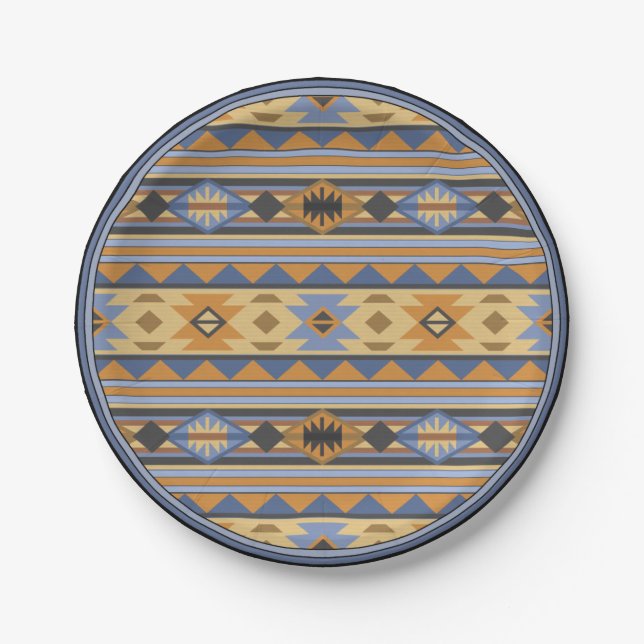 Südwest Design Gold Blue Grau Tribal Muster Pappteller (Vorderseite)