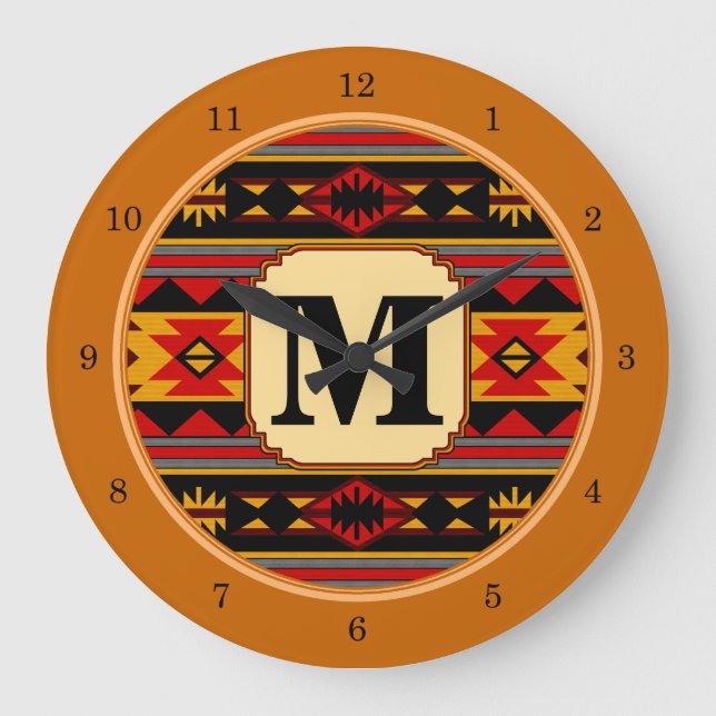 Südwest Design Red Black Gold Tribal Muster Große Wanduhr (Vorderseite)