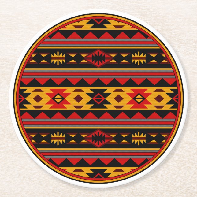 Südwest Design Red Black Gold Tribal Muster Runder Pappuntersetzer (Vorderseite)