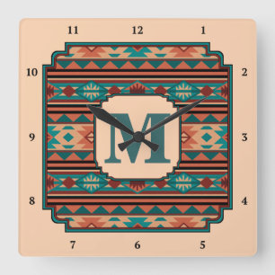 Südwest Design Türkise Terracotta Monogram Quadratische Wanduhr