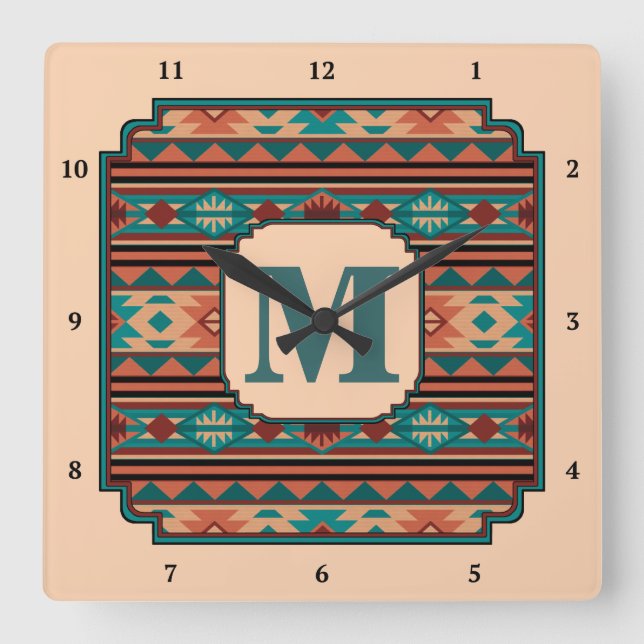 Südwest Design Türkise Terracotta Monogram Quadratische Wanduhr (Vorderseite)