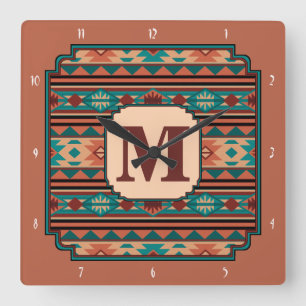 Südwest Design Türkise Terracotta Monogram Quadratische Wanduhr