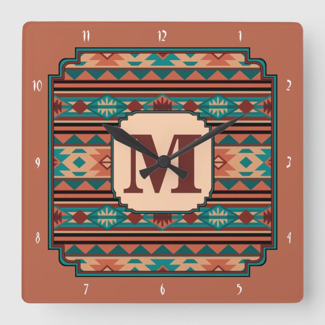 Südwest Design Türkise Terracotta Monogram Quadratische Wanduhr (Vorderseite)
