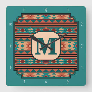 Südwest Design Türkise Terracotta Monogram Quadratische Wanduhr