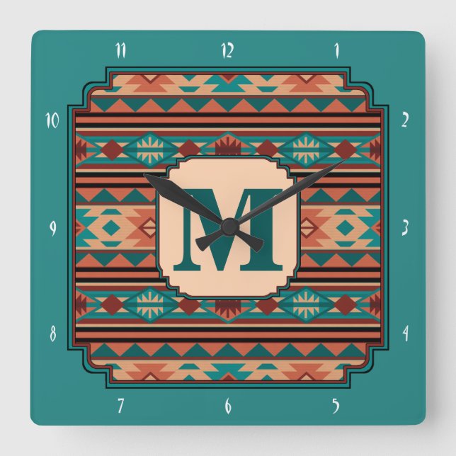 Südwest Design Türkise Terracotta Monogram Quadratische Wanduhr (Vorderseite)