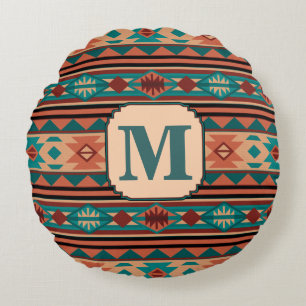 Südwest Design Türkise Terracotta Monogram Rundes Kissen