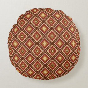 Südwest-Diamant-Rostrot und Beige im Navajo-Stil Rundes Kissen