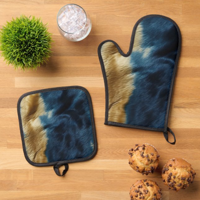 Südwest Gold Blue Cowhide Ofenhandschuh & Topflappen-Set (Oben Unten)