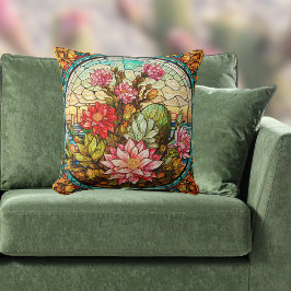 Südwest-Kaktus und rosa Blumen Faux-Buntglas Kissen