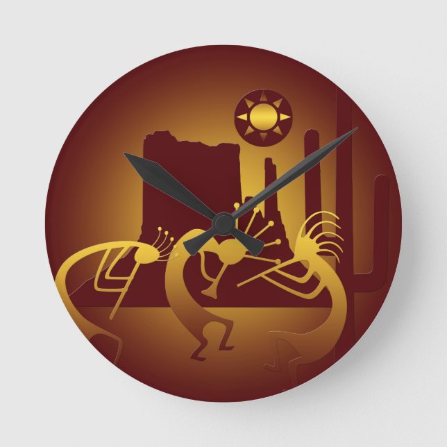 Südwest Kokopelli in Burgund und Gold Runde Wanduhr (Vorderseite)