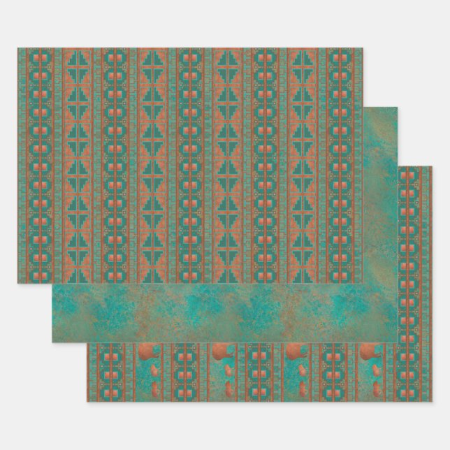 Südwest Kupfer Aquamarines Javelina geometrisches  Geschenkpapier Set (Set)