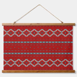 Südwest Mesas Red & Turquoise Geometric Muster Wandteppich Mit Holzrahmen