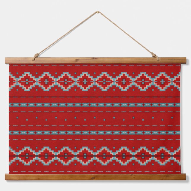 Südwest Mesas Red & Turquoise Geometric Muster Wandteppich Mit Holzrahmen (Vorne)