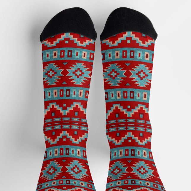 Südwest Mesas Türkis & Red Geometric Muster Socken (Oben)