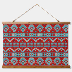 Südwest Mesas Türkis & Red Geometric Muster Wandteppich Mit Holzrahmen